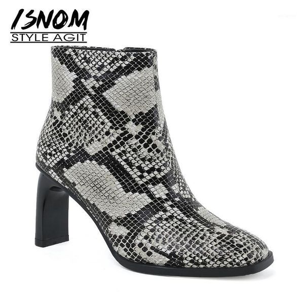 

isnom snake skin leather boots women high heels ankle boots square toe shoes female zip shoes ladies party winter1, Black