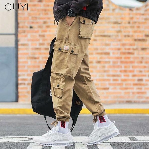 

guyi pockets khaki cargo pants men retro casual jogger fashion tactical trousers harajuku male streetwear sweatpants track pants1, Black