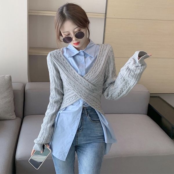 

2020 autumn new design sense cross sweater + loose long sleeve shirt two piece fashion suit women's wear ins