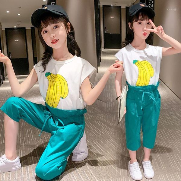 

clothing sets baby girls clothes set 2021 summer sleeveless print banana t-shirt and shorts for girl kids children clothing1, White