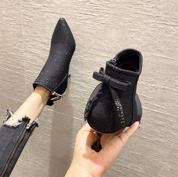 

short boots 2020 autumn and winter new pointed high heel mid-heel european and american wild simple thin heel boots, Black