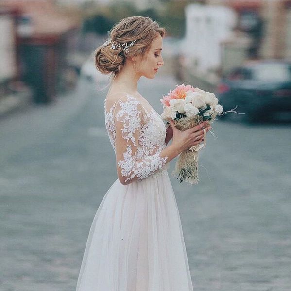 

2021 new lace long sleeves bride wedding gown soiree simple satin dressed as novia suklubna tjb1, Blue;red