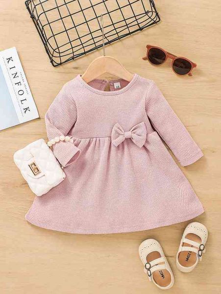 

baby bow front waffle textured dress without bag she, Red;yellow