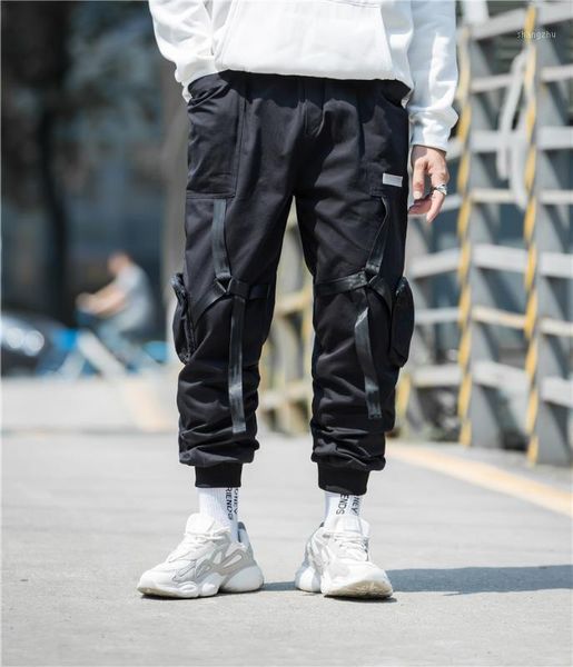 

men casual streetwear tactical ribbon cargo pants hip hop trendy youth baggy pants men's jogger trousers1, Black