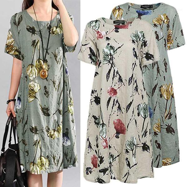 

celmia plus size summer dress 2019 women casual short sleeve loose vintage floral printed dresses female beach vestidos 5xl1, Black;gray