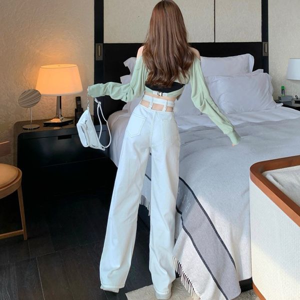 

autumn 2020 new hollow high waist jeans + short off shoulder sweater two piece fashion suit for women