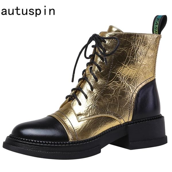 

autuspin mixed colors women ankle boots silver gold platform shoes winter fashion genuine leather lace up boots casual shoes, Black