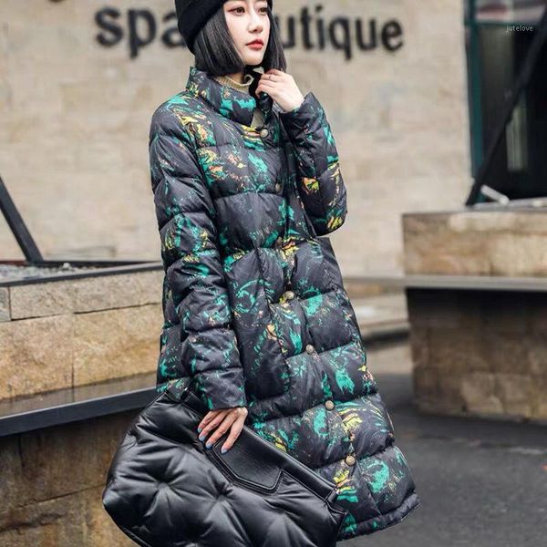 

2020 new winter women vintage chinese style white duck down jacket female warm coat print skirt mid-long oversize parkas s1451, Black