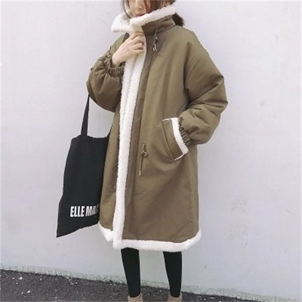 

2021 new lamb velvet woman's jacket winter plus size student long korean section loose mutton wool guu9, Black