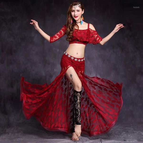 

bellydance practice clothes for lace sling slit skirt new women belly dance dress lady belly dance costume set1, Black;red