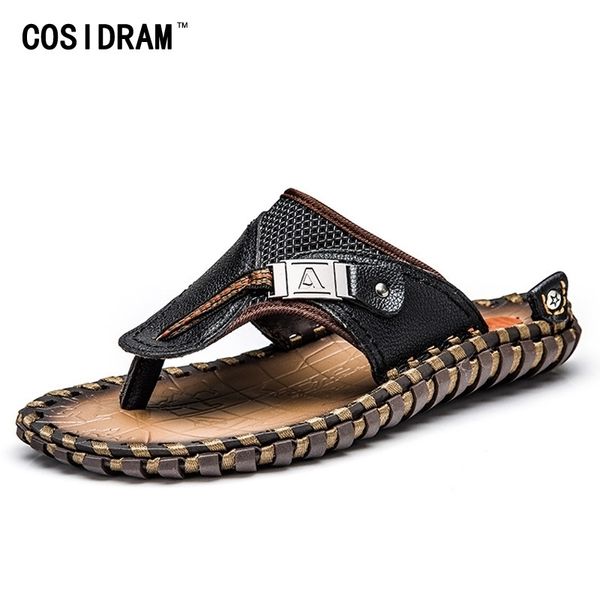 

cosidram genuine leather men slippers beach shoes men flip flops summer flat heels male slides luxury plus size 48 brm-019 y200107, Black