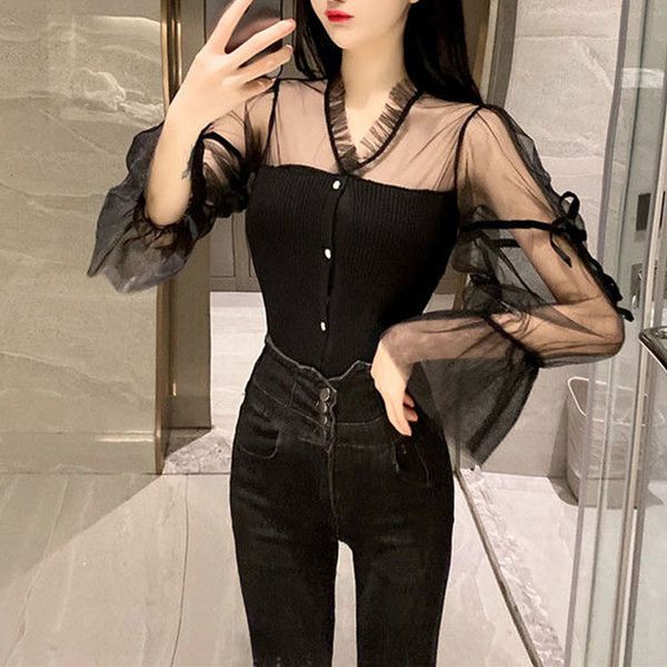 

women 2021 blouse new lace shirts elegant puff sleeves buttoned sweater elastic mesh ladies low-shirt thin shirt 9cj9, White