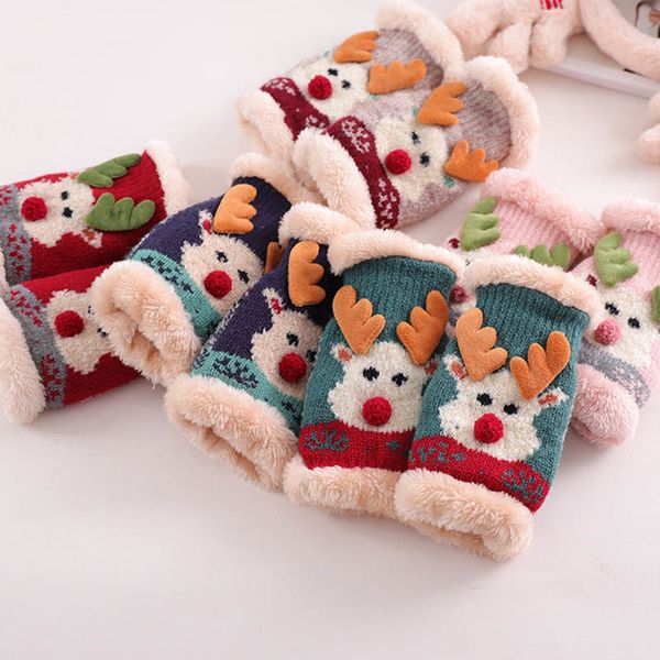 

christmas knitted gloves half-finger winter plus velvet warm gloves cartoon elk thickened students writing antie warm glove, Blue;gray