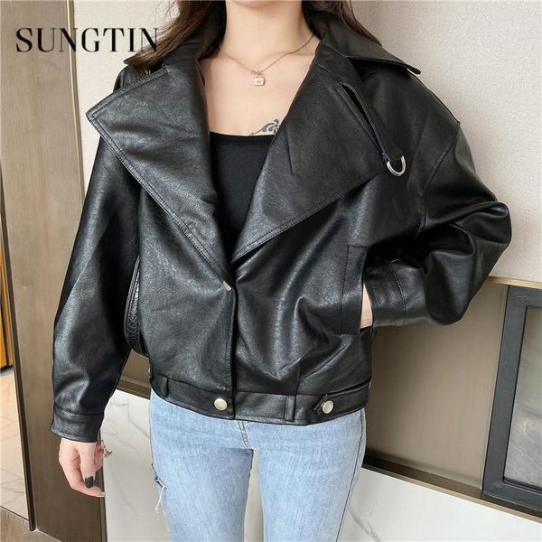 

sungtin korean loose casual short pu jacket women motorcycle coat street style faux leather jacket female warm all match outwear1, Black
