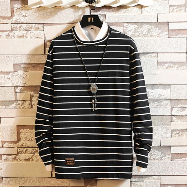 

2021 new autumn spring fashion oversized a striped piece male tshirt long sleeve the neck shirt for man t zd0h, White;black
