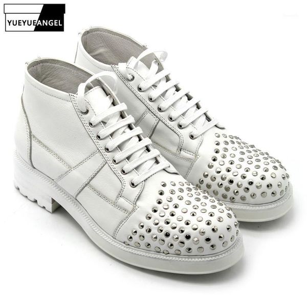 

boots 2021 rivet thicken white men england style lace up handmade cow leather ankle casual high sneakers botas hombre1, Black