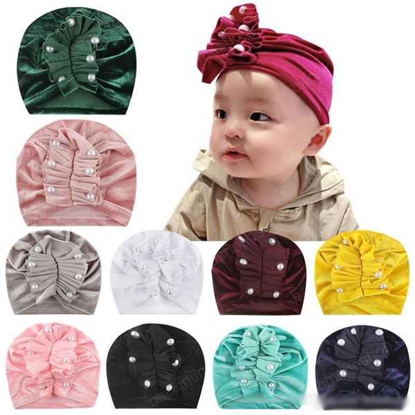 

newborn kids hats 11 colors solid fold pearl keep warm gold velvet caps newborn girls hat kids boys winter caps, Yellow