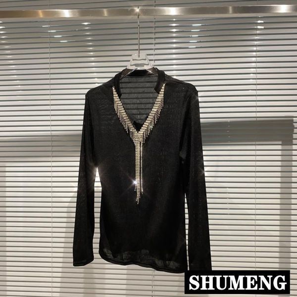

2020 autumn new v-neck rhinestone tassel shiny elastic slim long sleeve shirt black t-shirt lady's base, White