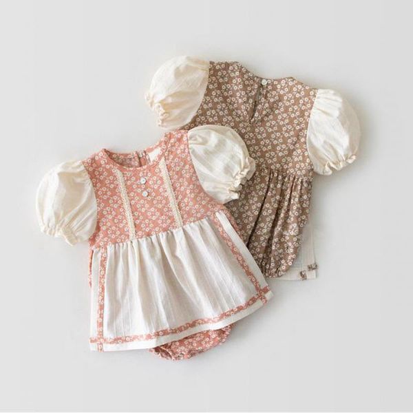 

korean baby 1 year old birthday bodysuit newborn girls cute puff sleeve sunflower cotton apron playsuit summer infant clothes 3m c1021, Blue