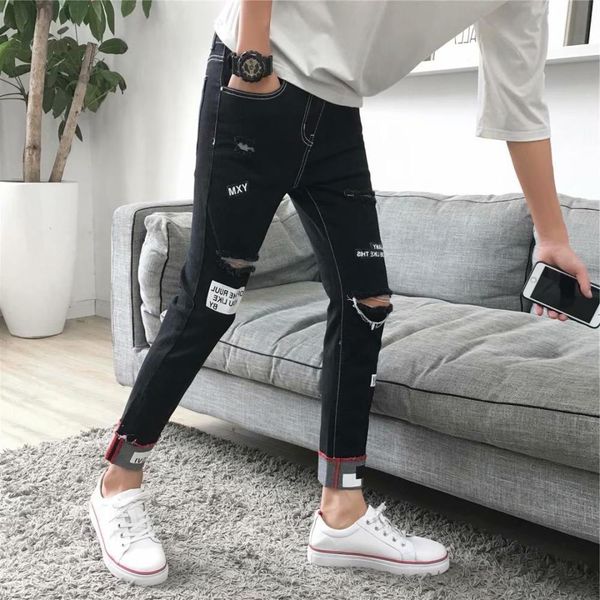 

wholesale 2020 fashion casual ripped hole jeans korean trend trendy beggars ankle length pants men's trousers, Black