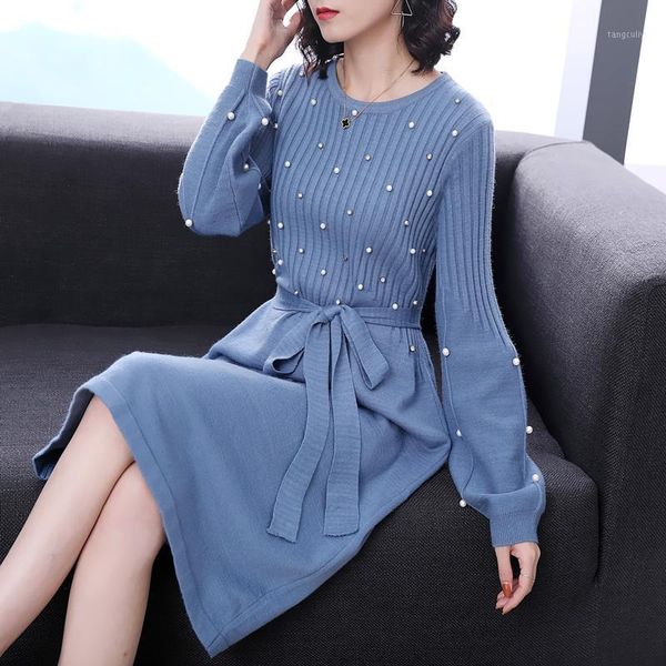 

autumn winter women knitted dress sashes lantern sleeve beading long sweater dresses female loose bottoming dress vestidos d2881, Black;gray