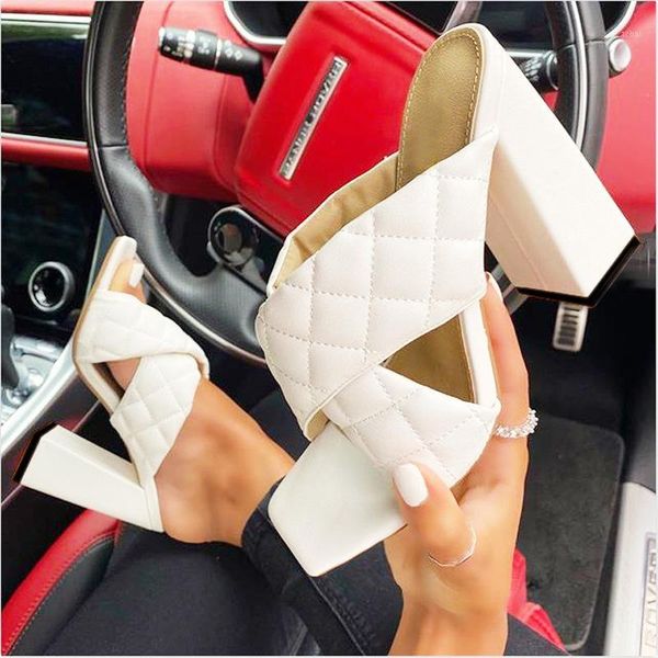

slippers fashion square toe lattice thick heel cross high heels shoes women luxury designer ladies street flip flops 411, Black