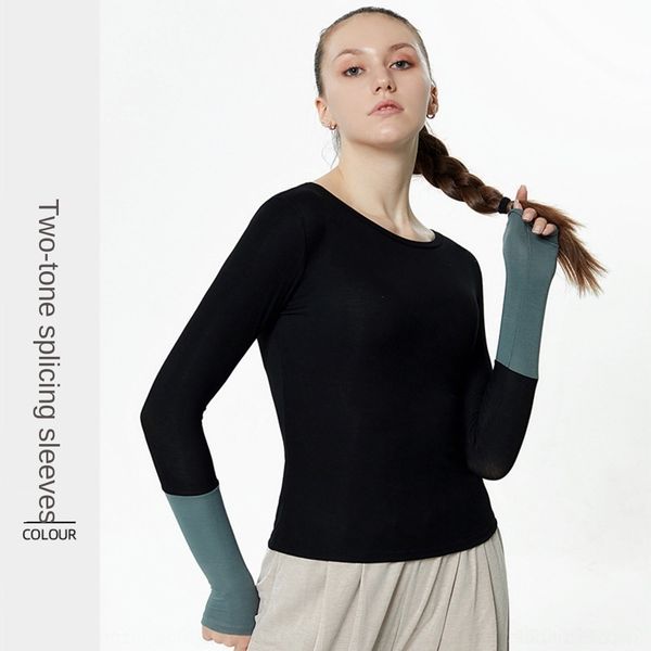 

oxjzs 2020 new clothing clothes sports contrast long-sleeved yoga clothes women's fitness color round neck t-shirt high elastic sports