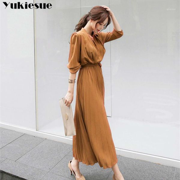 

casual dresses summer chiffon long sleeve dress women women's vintage maxi party pleated bodycon female plus size1, Black;gray