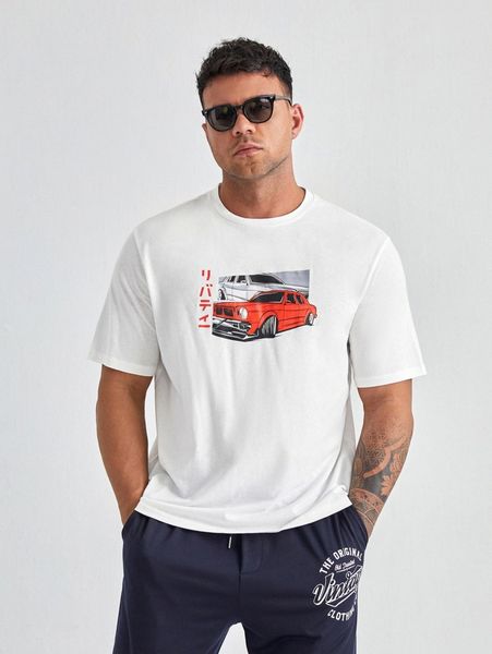 

extended sizes men japanese letter & car print tee g0rv#, White;black