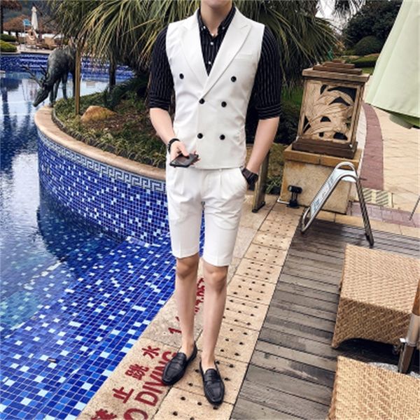 

suit + trousers) new leisure travel summer tide male british short paragraph slim double-breasted fashion gentleman suit, White;black