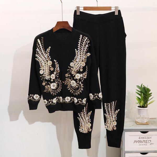 

winter new fashion women knitted sets beaded sequin embroidery long-sleeved sweater harlan feet pants suit women11, White