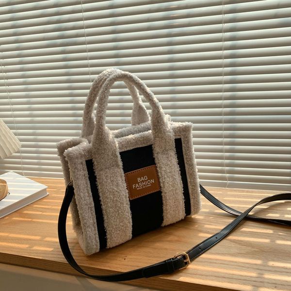 

new lamb wool bag autumn and winter commuter hand-held imitation teddy curl plush tote bag large capacity wide shoulder strap messenger bag