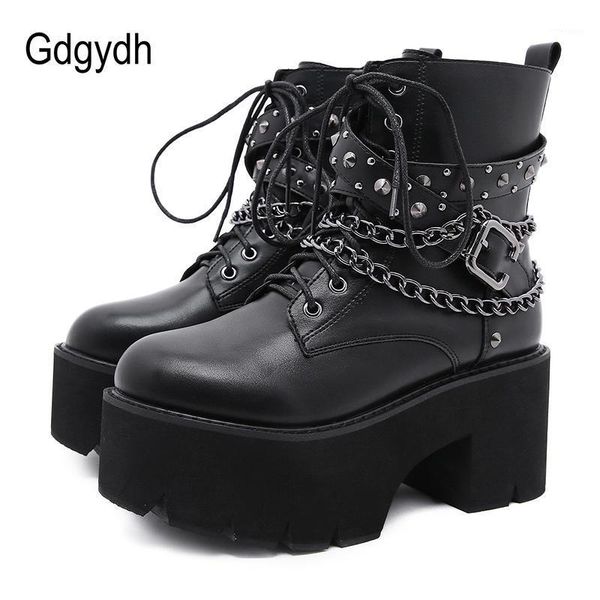 

boots gdgydh 2021 gothic black ankle for women plus high heel female shoes lace-up nigh club rivets chain short boots1