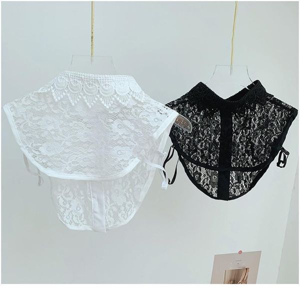 

women hollow floral lace high low hem false fake collar button adjustable sweater detachable lapel half shir qylvux, Blue;red