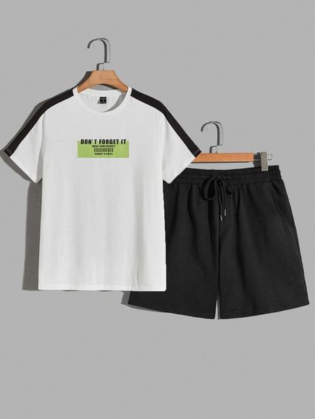 

men barcode print tee & drawstring waist track shorts c0d4#, Gray