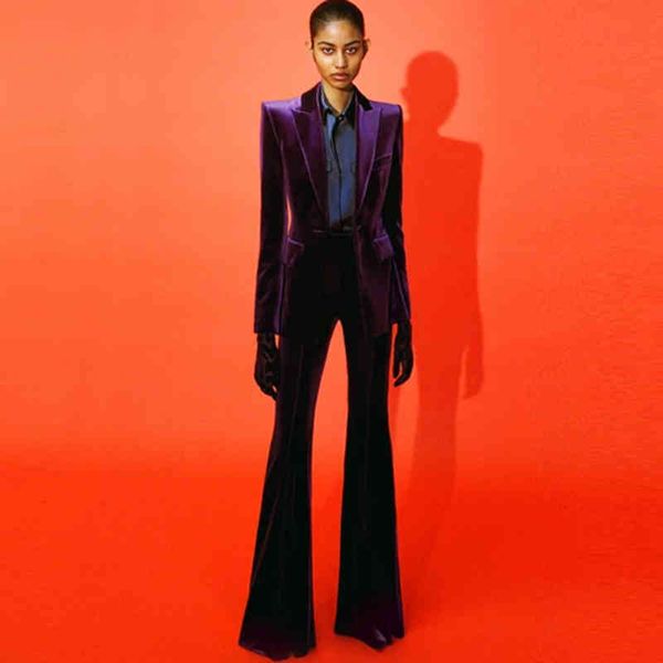 

women's two piece pants high street autumn winter designer runway suit set single button velvet blazer jacket flare og7n, White