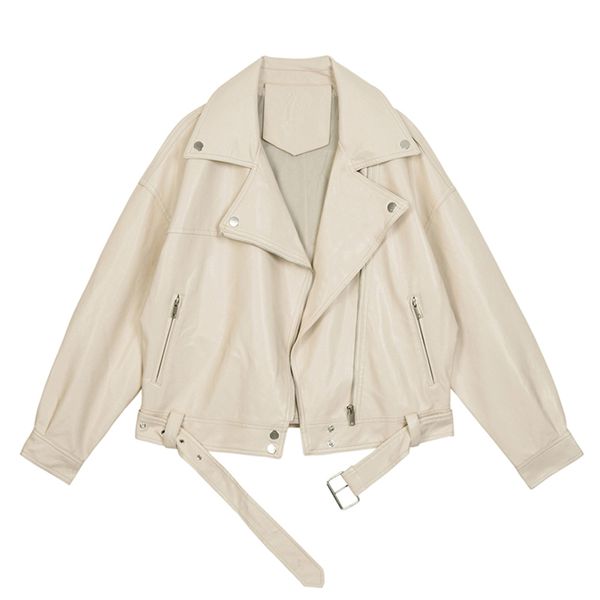 

2021 new autumn women leather jacket female with belt color lady style coat outwear 5xht, Black