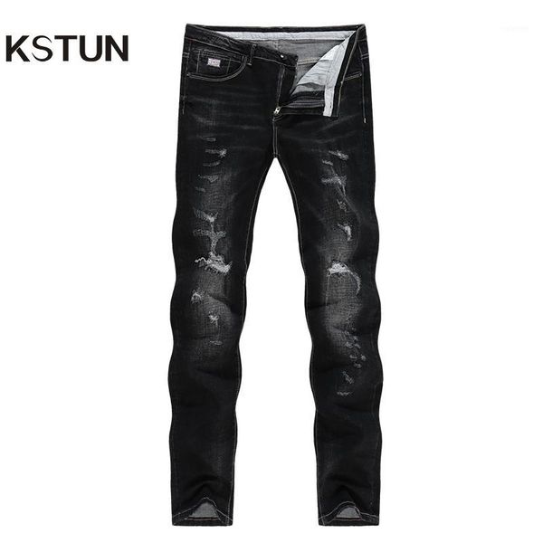 

kstun solid black jeans men autumn and winter distressed stretch streetwear ripped men casual pants slim hiphop cowboys trousers1, Blue