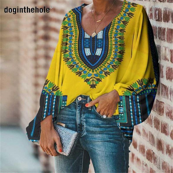 

doginthehole african dashiki print blouse long sleeve for women autumn woman's v-hals shirt vrouwen social female clothing1, White