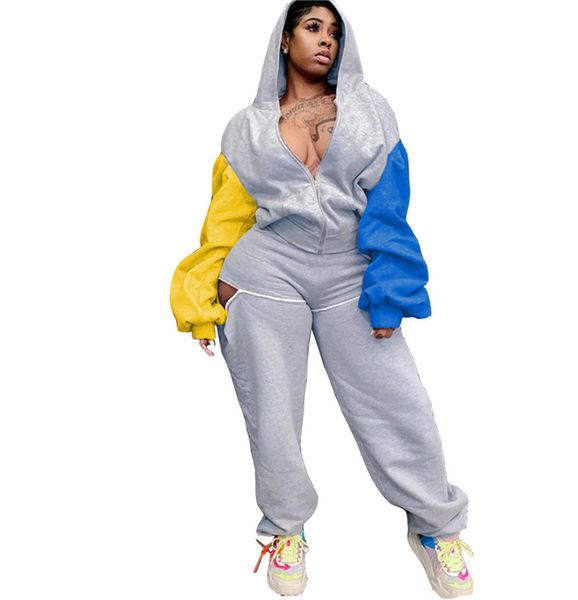 

contrast color womens two piece pants casual hole designer two piece sets hooded cardigan ladies tracksuits, White