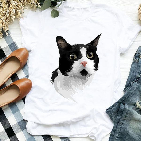 

women lady cat cartoon funny pet animal cute printing fashion tshirt shirt clothes graphic female t tee womens t-shirt, White