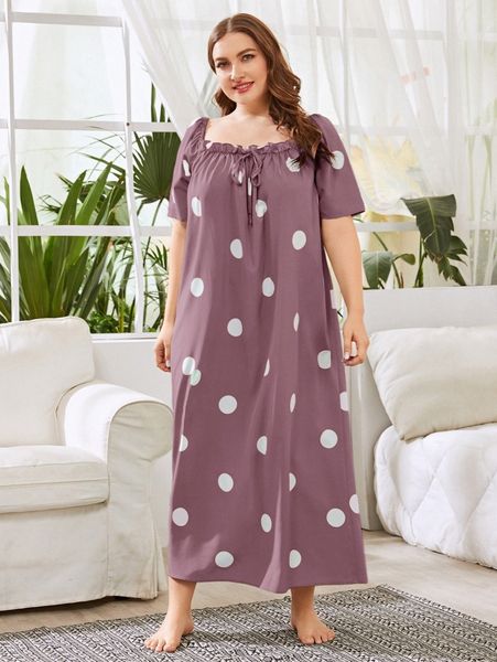

plus frill trim polka dot night dress 96fk#, Black;white