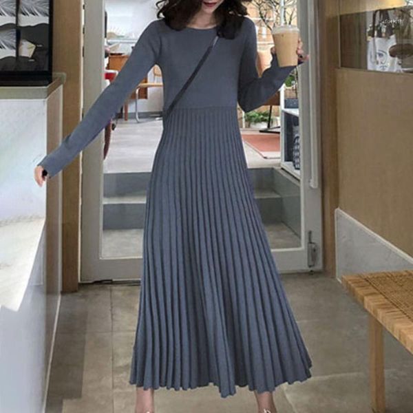 

korean fashion sweater dress winter long-sleeve women elegant high waist autumn ladies maxi knitted casual pleated dresses 20201, Black;gray
