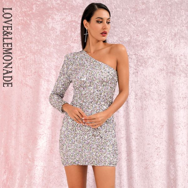 

love&lemonade one shoulder bodycon silver colorful sequins party mini long sleeve dress lm82093 y200418, Black;gray