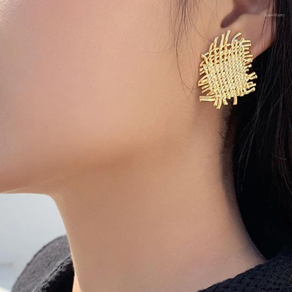 

gsold retro geometric metal irregular woven texture stud earring elegant hollow out alloy earring women party fashion jewelry1, Golden;silver