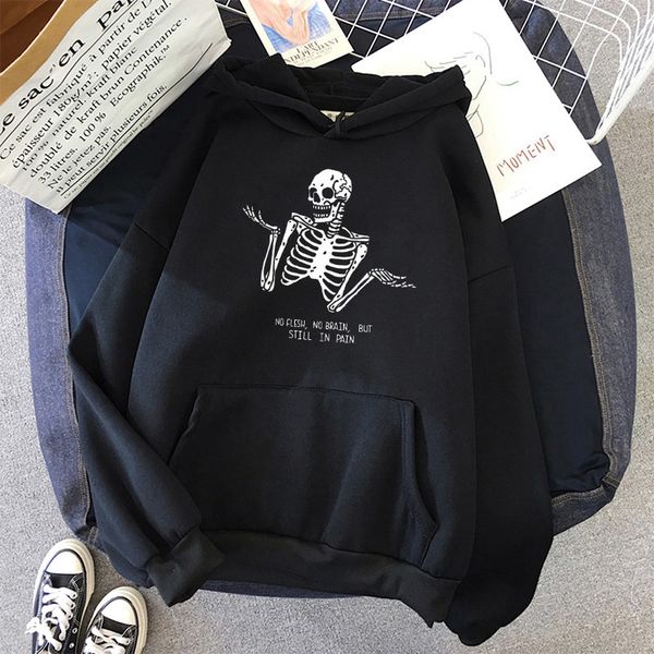 

2021 new luren harajuku hooded retro skeleton print women hoodies autumn winter long sleeve sweatshirt streetwear female 3plu, Black