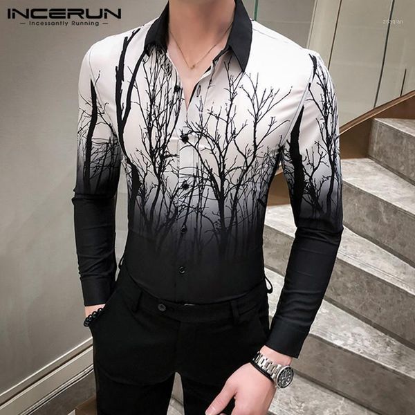 

2020 fashion men shirt gradient printed long sleeve tie dye streetwear lapel british style men dress shirts camisas incerun1, White;black