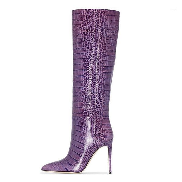 

new women's long boots snakeskin leather pointed toe thin heels knee-high boots shoes woman botas mujer pure purple botas1, Black