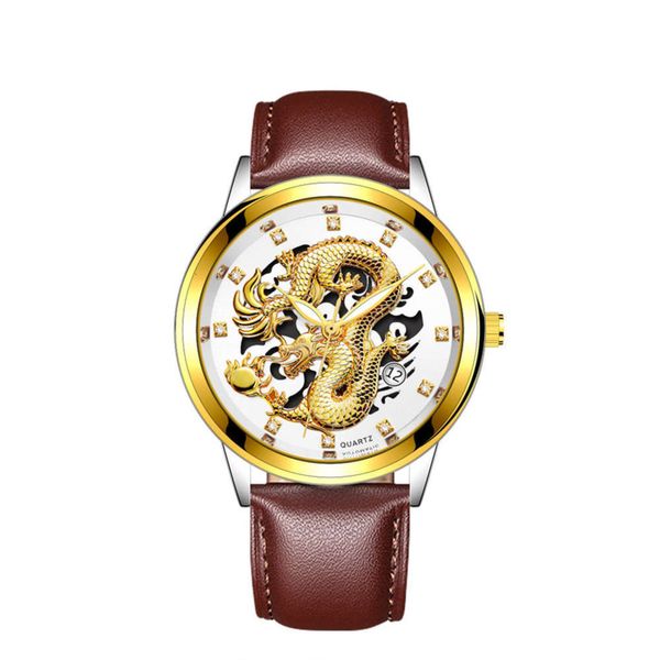 

watch chinese style 2020 dragon new totem embossed steel band calendar men's watch fashion men's business watch, Slivery;brown