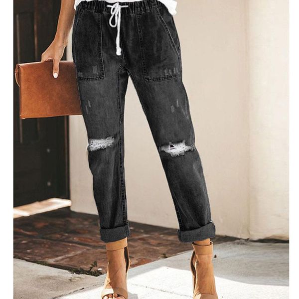 

straight denim jeans hole ruined women pants ripped trousers casual jeans fashion street loose daily pants1, Blue